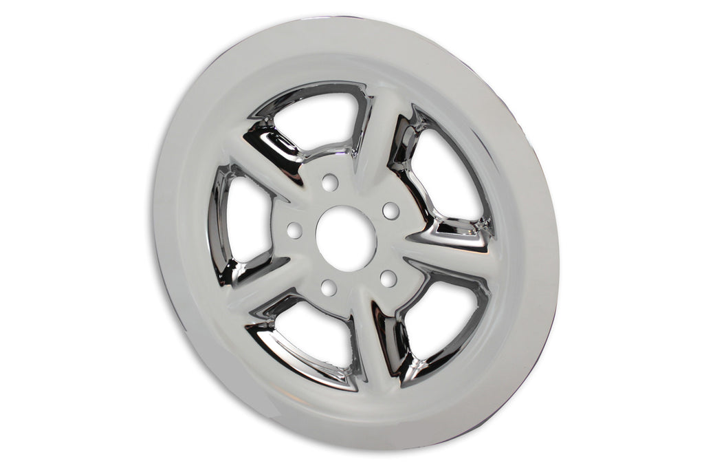 Chrome V-Twin rear pulley cover with 68 teeth, designed for V-Twin drive line motorcycle applications.