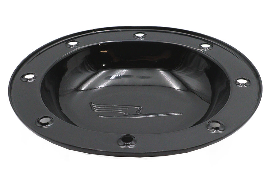 Black V-Twin Replica Bird Style Derby Cover for drive line, featuring detailed bird design on a motorcycle engine component.