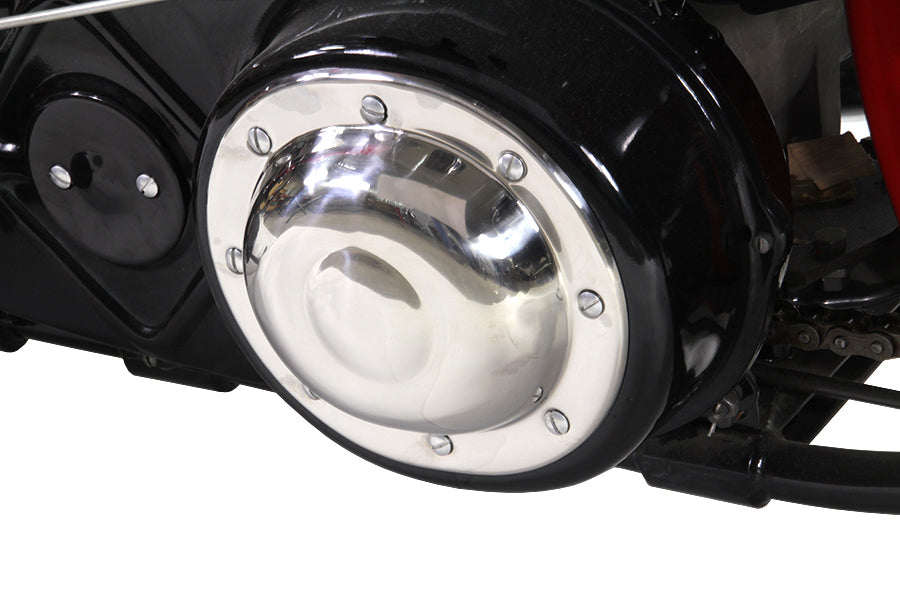 Stainless steel V-TWIN Replica Dimple Derby Cover for motorcycle drive line, featuring a dimpled design and polished finish.