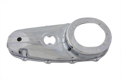 Chrome V-Twin Replica Outer Primary Cover for drive line, showcasing a sleek, polished motorcycle part with detailed branding.