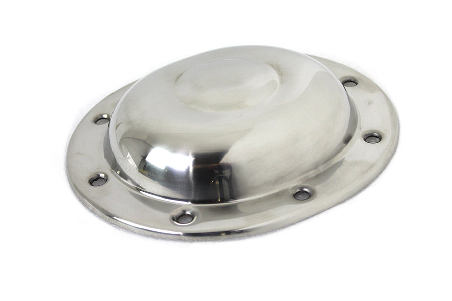 V-Twin stainless steel derby cover for drive line, showcasing shiny, high-quality replica design with detailed metal finish.