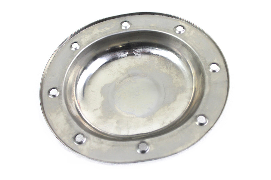 V-Twin stainless steel derby cover for drive line, showcasing polished metal finish and detailed design on motorcycle engine.