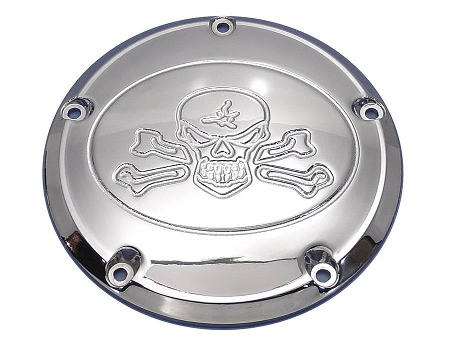 Chrome V-Twin Skull Derby Cover for drive line, featuring a detailed skull design, enhances motorcycle engine appearance.