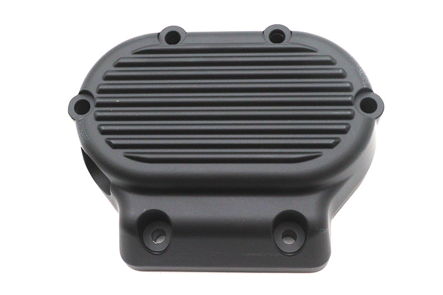 V-Twin drive line transmission clutch release cover for motorcycle, black metal with V-Twin branding.