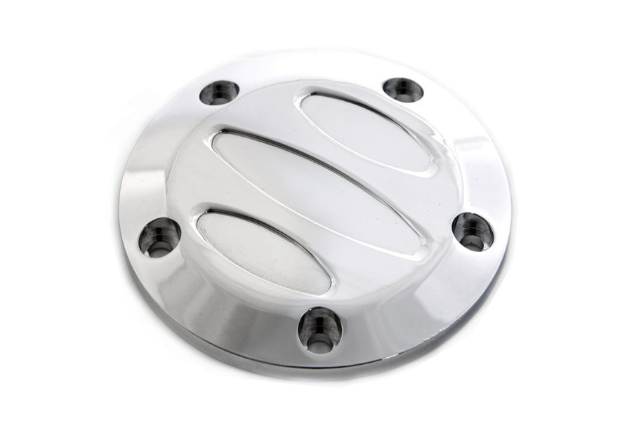 V-Twin 5-hole contour ignition system cover for motorcycle electrical components, metal finish with a sleek design.