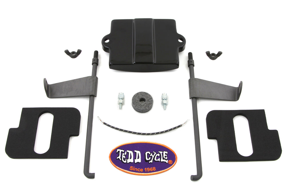 V-Twin Battery Box Top Kit for electrical applications, featuring a durable black cover with mounting hardware.