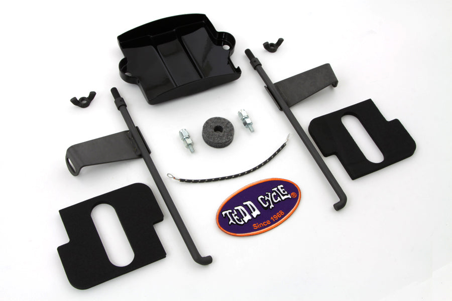 V-Twin Battery Box Top Kit for electrical systems, showing a black plastic cover with mounting hardware for motorcycle batteries.
