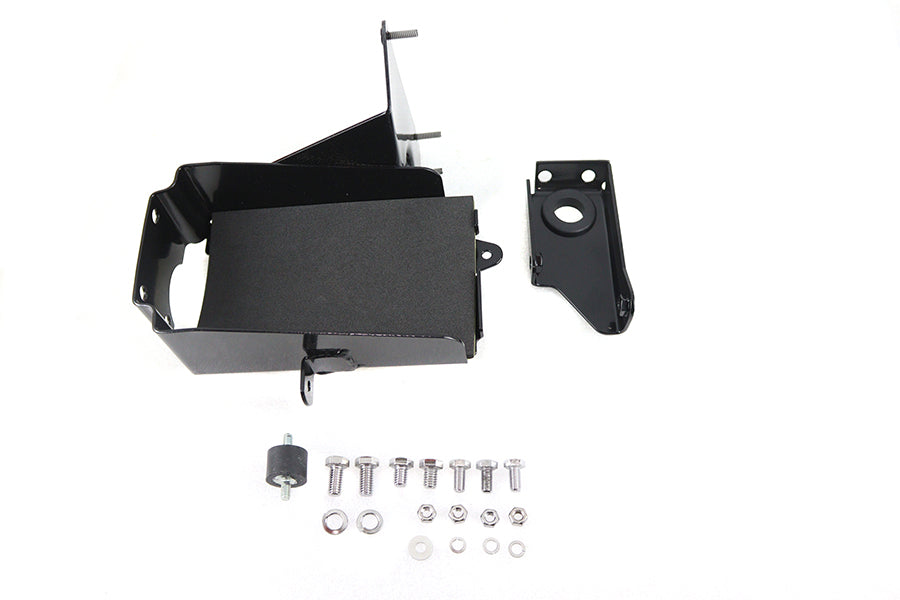 Black V-Twin Battery Carrier Kit for electrical equipment, featuring secure mounting and durable construction.
