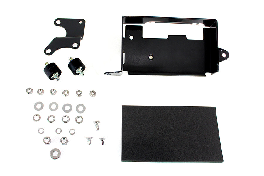 V-TWIN black electrical battery carrier kit with mounting hardware for motorcycle batteries, designed for secure installation.