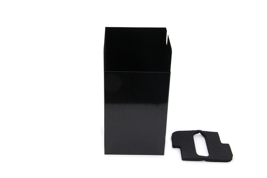 V-TWIN Battery Extension Box for electrical systems, shown in black with mounting hardware and wiring for motorcycle batteries.