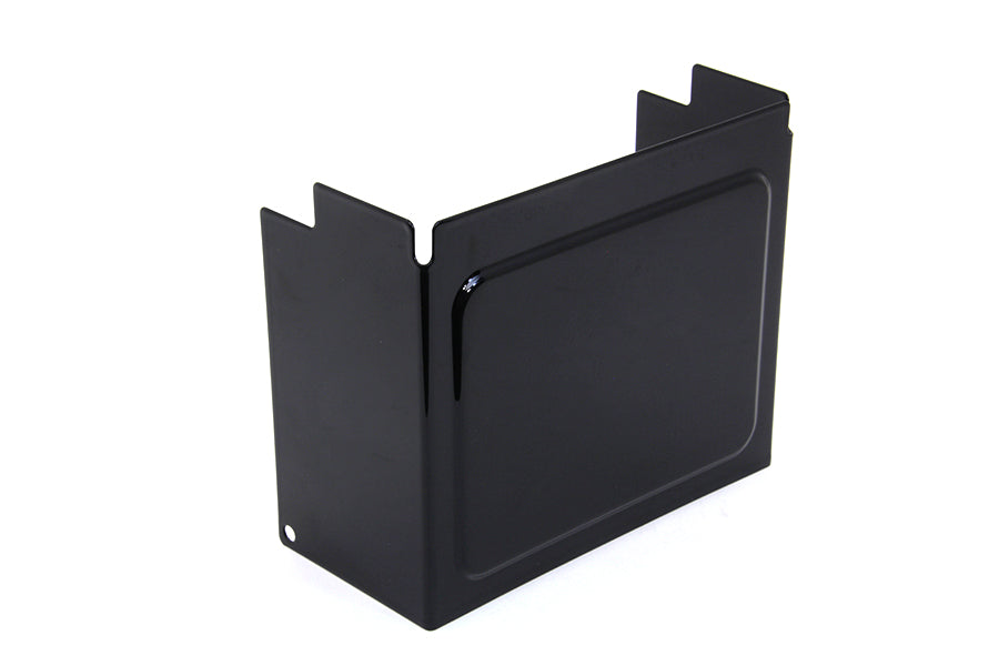 Black embossed V-Twin Battery Side Cover for motorcycle electrical system, made of durable material.