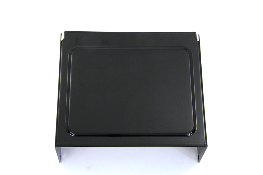 Black embossed V-Twin battery side cover for motorcycle electrical system, showcasing a sleek, durable design.