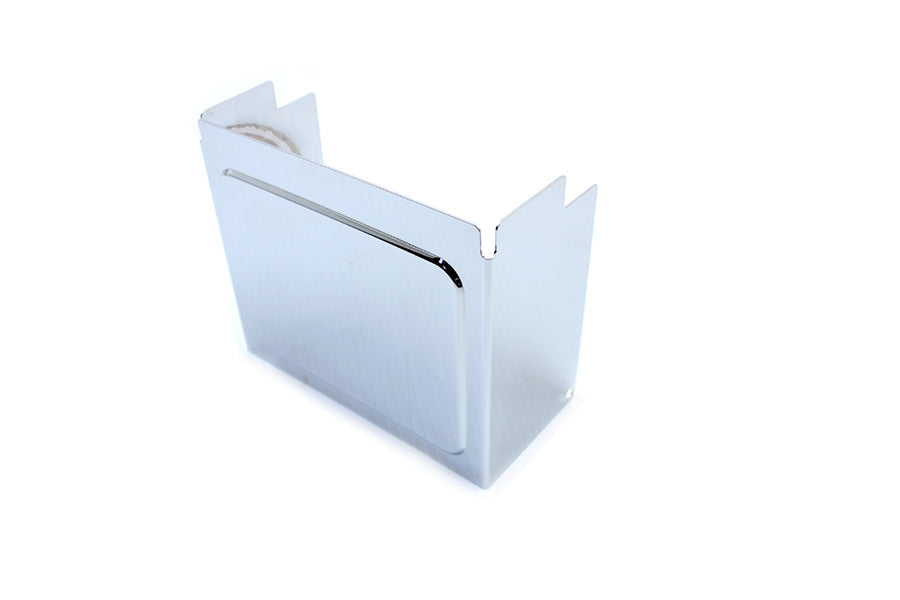 Chrome embossed V-Twin battery side cover for motorcycle electrical system, showcasing detailed embossed design and chrome finish.