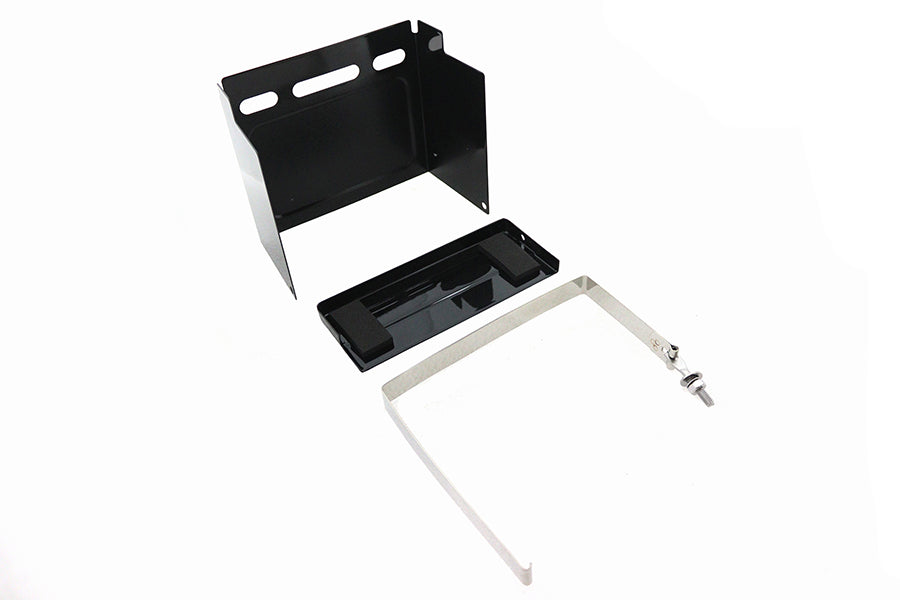 V-TWIN black battery cover kit for motorcycle electrical system, featuring a sleek black finish and durable construction.