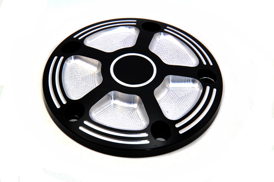 V-Twin black contrast 5-hole electrical point cover, durable metal accessory for motorcycle electrical systems.