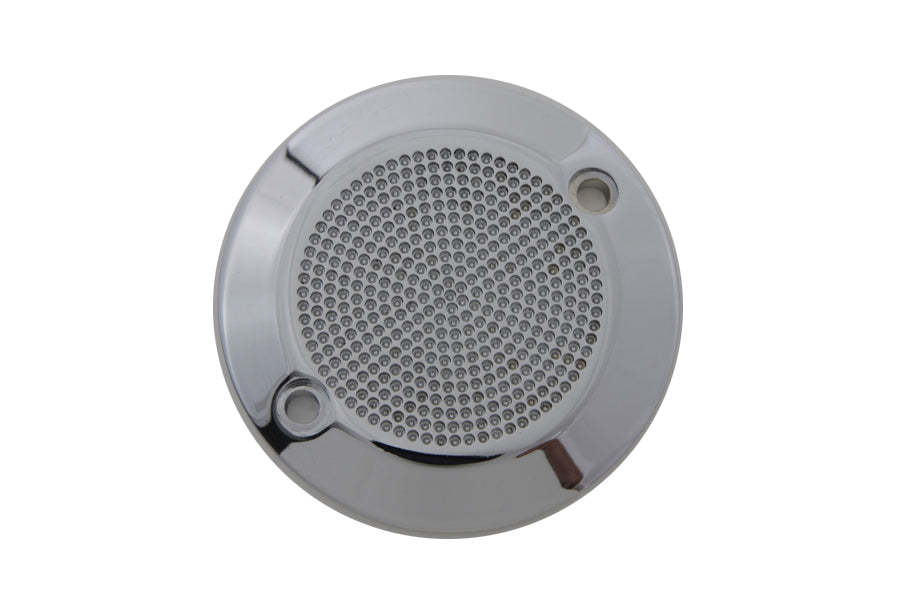 V-Twin chrome 2-hole perforated ignition system cover for electrical components on motorcycle engine.