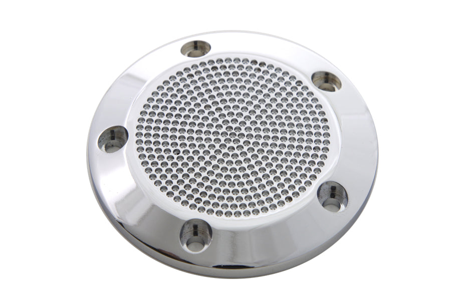 V-Twin chrome 5-hole perforated ignition system cover for motorcycle electrical components, featuring a stylish design and durable finish.
