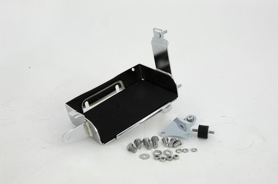 V-TWIN chrome battery carrier kit for motorcycle electrical systems, featuring a durable, polished chrome finish.