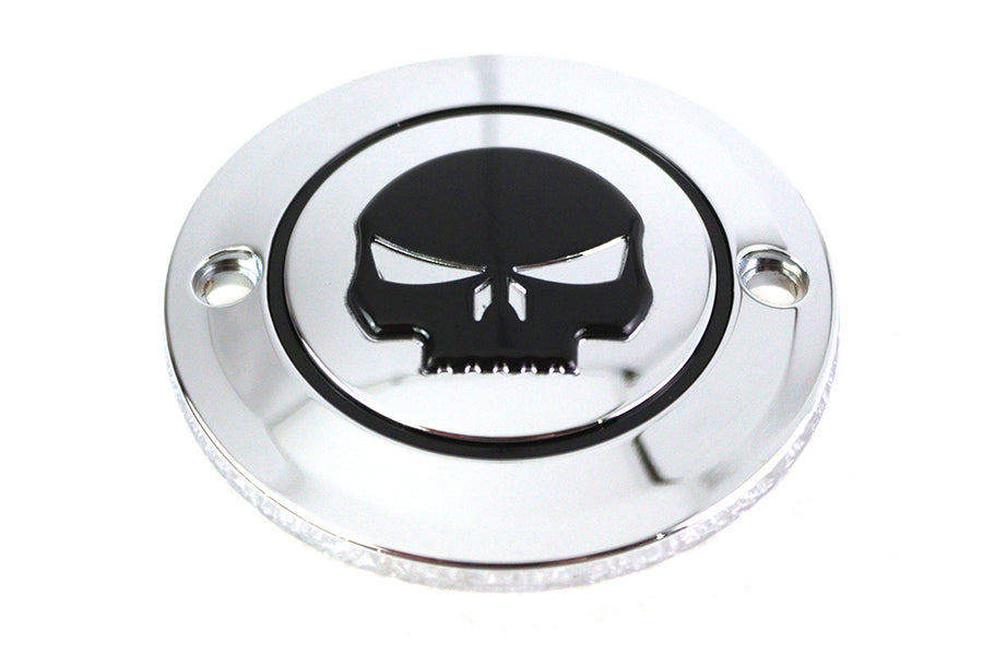 V-Twin Skull Ignition System Cover with 2 holes in chrome finish for motorcycle electrical components.