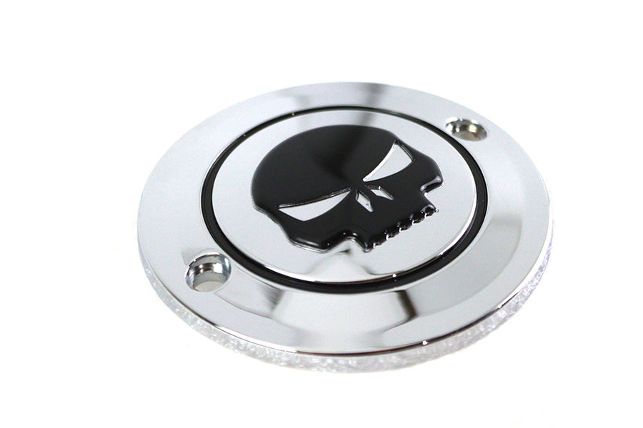 Chrome V-Twin Skull Ignition System Cover with 2 holes, designed for motorcycle electrical systems.