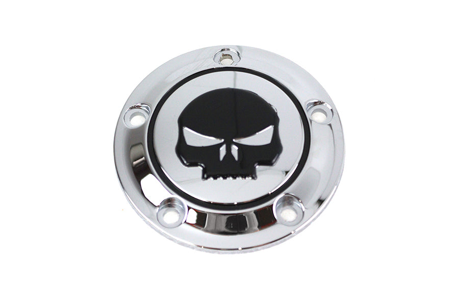 V-Twin Skull Ignition System Cover with 5-Hole Chrome finish on electrical component for motorcycle ignition system.