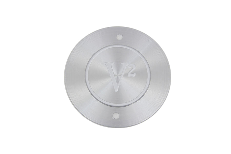 V-Twin V2 Ignition System Cover in bright silver, electrical component for motorcycle ignition system, with a polished metal finish.