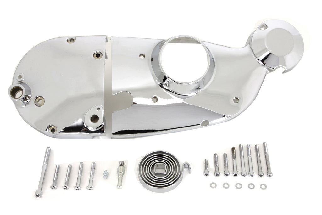 V-Twin Chrome Cam and Sprocket Cover Kit for motorcycle engine with shiny chrome finish and detailed design.