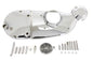 V-Twin Chrome Cam and Sprocket Cover Kit for motorcycle engine with shiny chrome finish and detailed design.