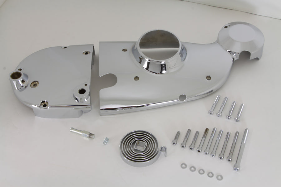 V-Twin chrome engine cam and sprocket cover kit for motorcycle engine with polished chrome finish and detailed design.