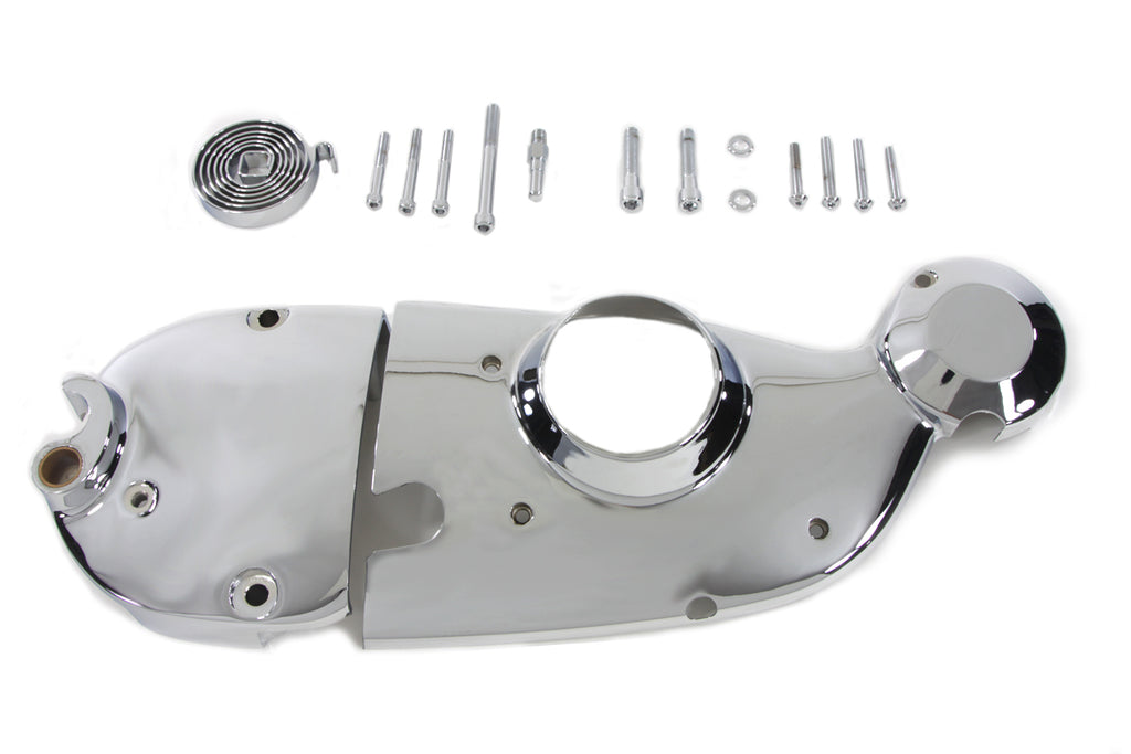 V-TWIN chrome engine cam and sprocket cover kit, showcasing shiny finish and detailed design on a motorcycle engine.