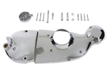 Load image into Gallery viewer, V-TWIN chrome engine cam and sprocket cover kit, showcasing shiny finish and detailed design on a motorcycle engine.