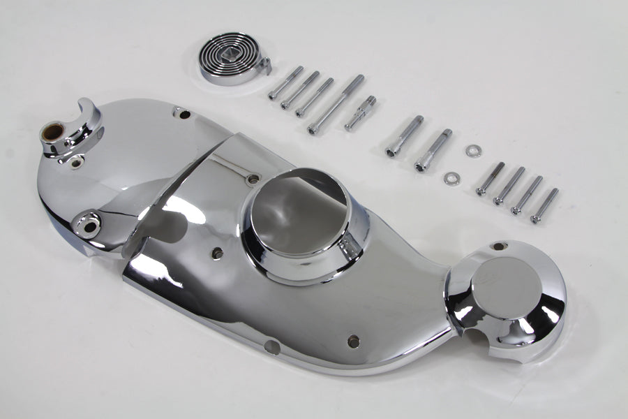 V-Twin chrome engine cam and sprocket cover kit, shiny metal finish, designed for V-Twin motorcycle engines.