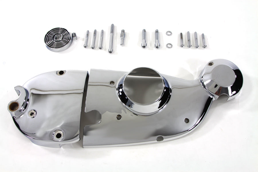 V-Twin chrome engine cam and sprocket cover kit installed on motorcycle engine with shiny, polished chrome finish.