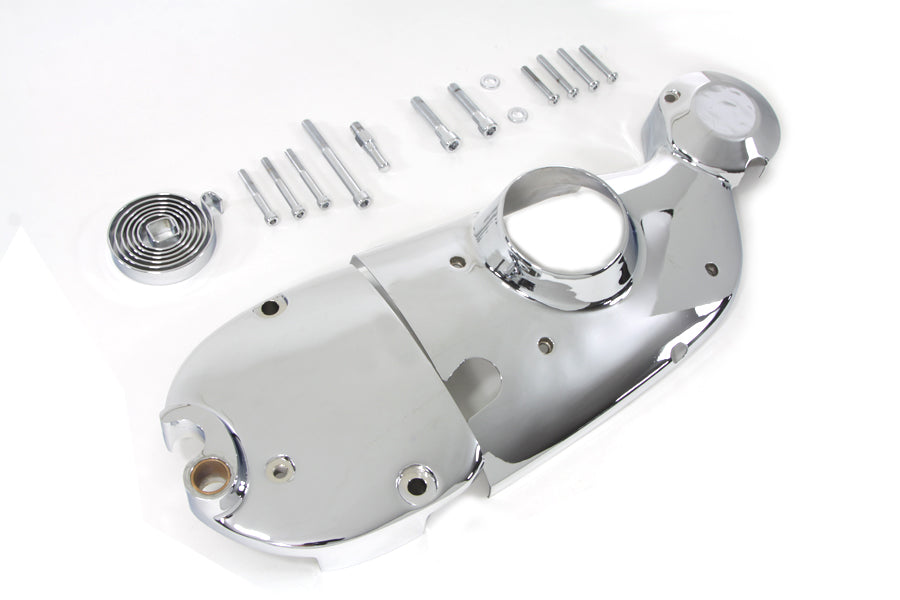 V-Twin chrome engine cam and sprocket cover kit with polished finish, designed for V-Twin motorcycle engines.