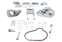Load image into Gallery viewer, V-Twin chrome engine dress-up kit installed on motorcycle engine, enhancing appearance with shiny chrome accents.