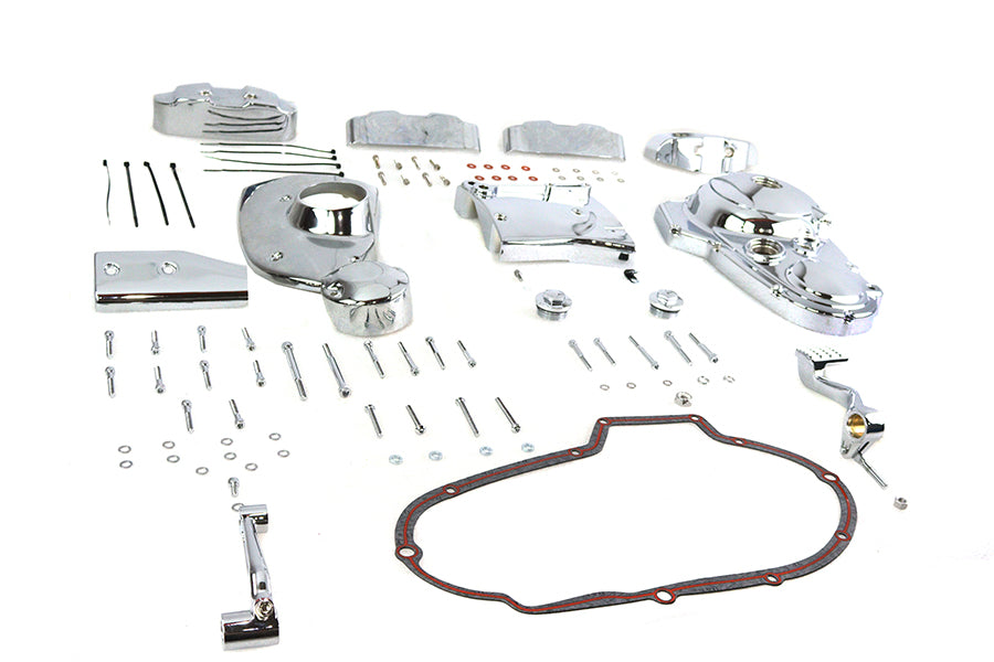V-Twin chrome engine dress-up kit installed on a motorcycle engine, enhancing its appearance with shiny chrome accents.