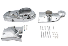 Load image into Gallery viewer, V-TWIN chrome engine dress-up set installed on motorcycle engine with shiny chrome details and V-TWIN branding.