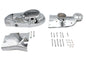 V-TWIN chrome engine dress-up set installed on motorcycle engine with shiny chrome details and V-TWIN branding.
