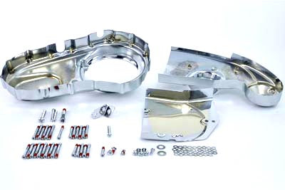 V-Twin chrome engine dress-up set installed on motorcycle engine, highlighting shiny chrome details and mechanical components.