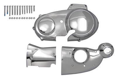 V-TWIN chrome engine dress-up set for motorcycle engine enhancement, with shiny chrome components and detailed design.