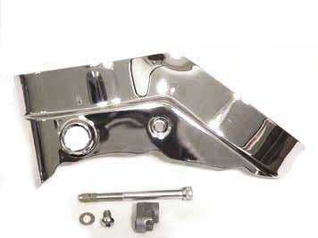 V-Twin chrome left side engine cylinder base cover for motorcycle, showcasing shiny metallic finish and detailed branding.