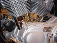 Load image into Gallery viewer, V-Twin chrome left side engine cylinder base cover for motorcycle engine with polished finish and detailed design.