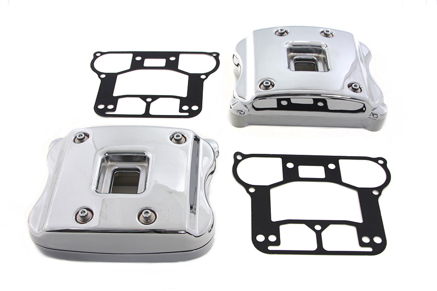 Chrome V-Twin rocker box cover set for motorcycle engine, featuring durable chrome finish and detailed V-Twin branding.