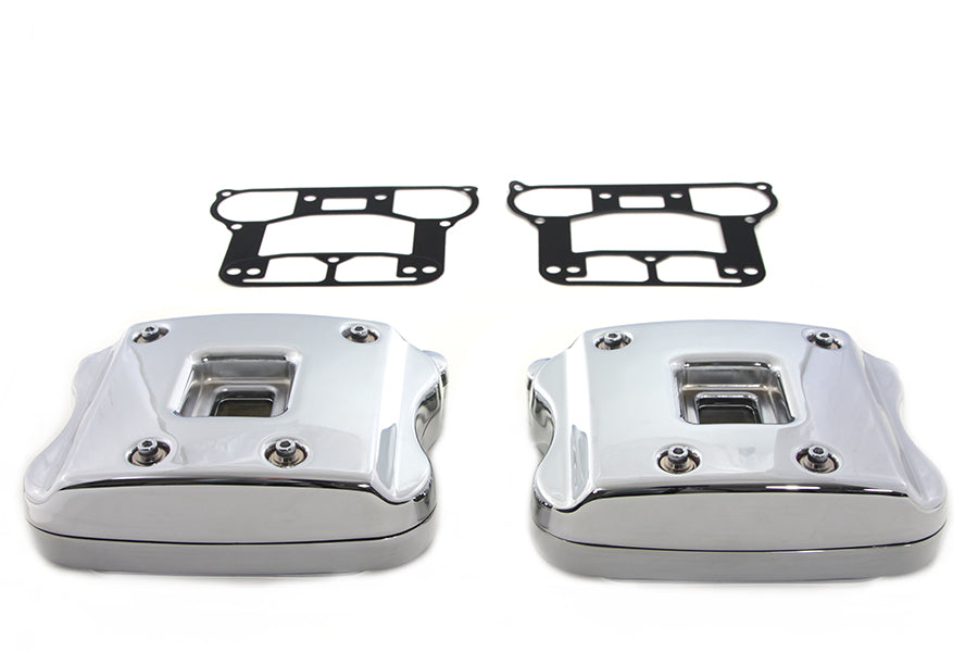 Chrome V-Twin engine rocker box cover set with polished finish, designed for Harley-Davidson motorcycles.