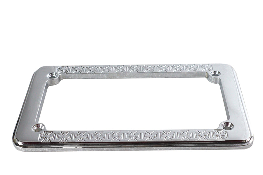 Chrome Maltese style V-Twin license plate frame with lighting for motorcycle customization.