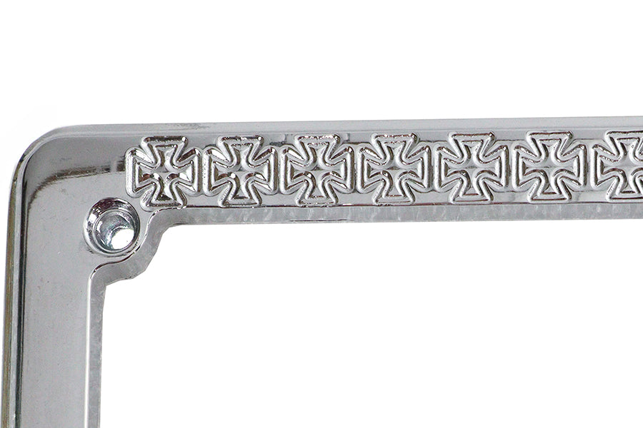 Chrome Maltese style V-Twin license plate frame with lighting, designed for motorcycle license plates.