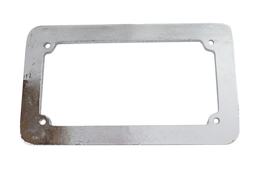 Chrome Maltese style license plate frame by V-Twin, designed for motorcycles, with a polished finish and decorative detailing.