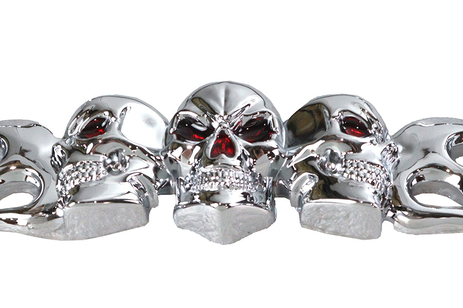 Chrome skull-style V-Twin license plate frame with lighting accents, designed for motorcycle customization.