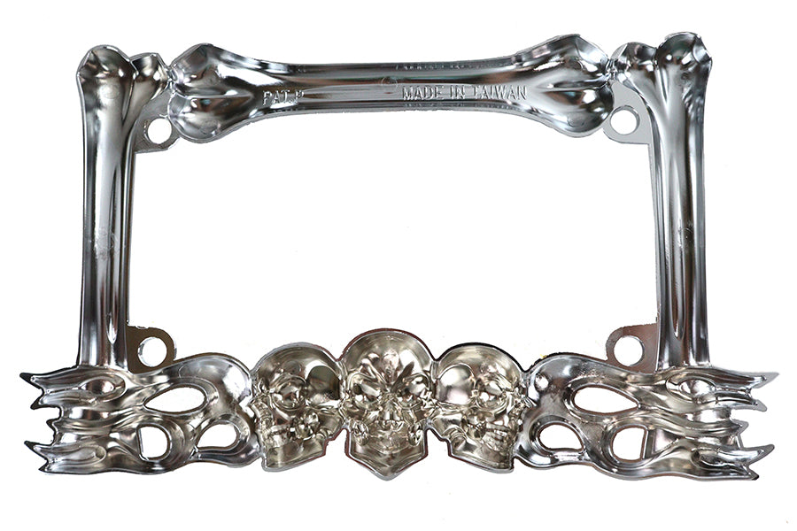 Chrome V-Twin skull style license plate frame, designed for motorcycle lighting, with a bold skull motif and polished finish.