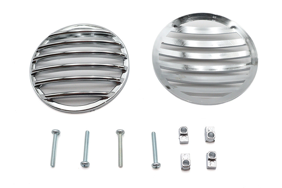 Chrome V-TWIN turn signal lens and grille set for motorcycle lighting, featuring a sleek, reflective finish.
